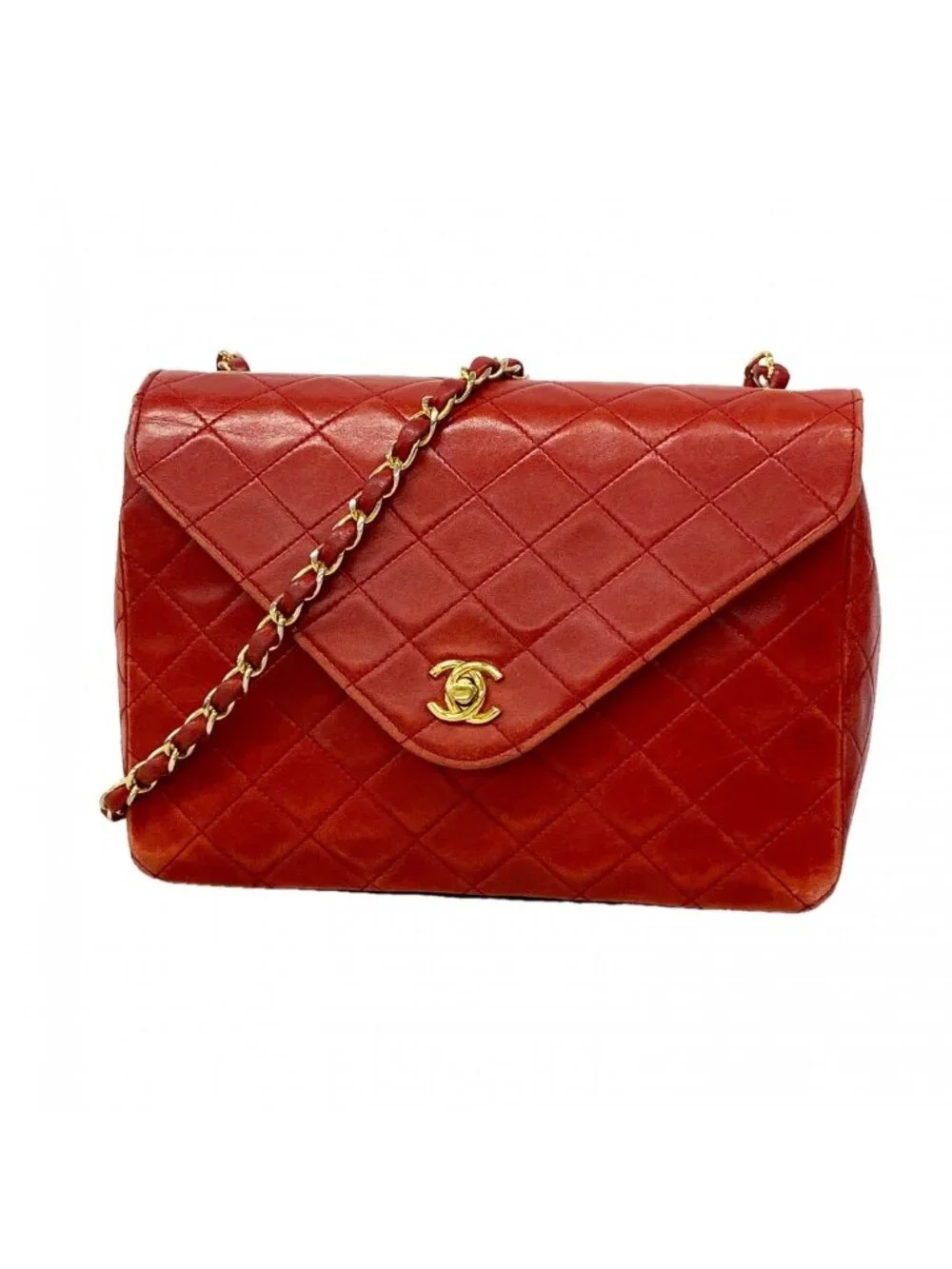 Chanel Shoulder Bag Quilted Lambskin Red Gold